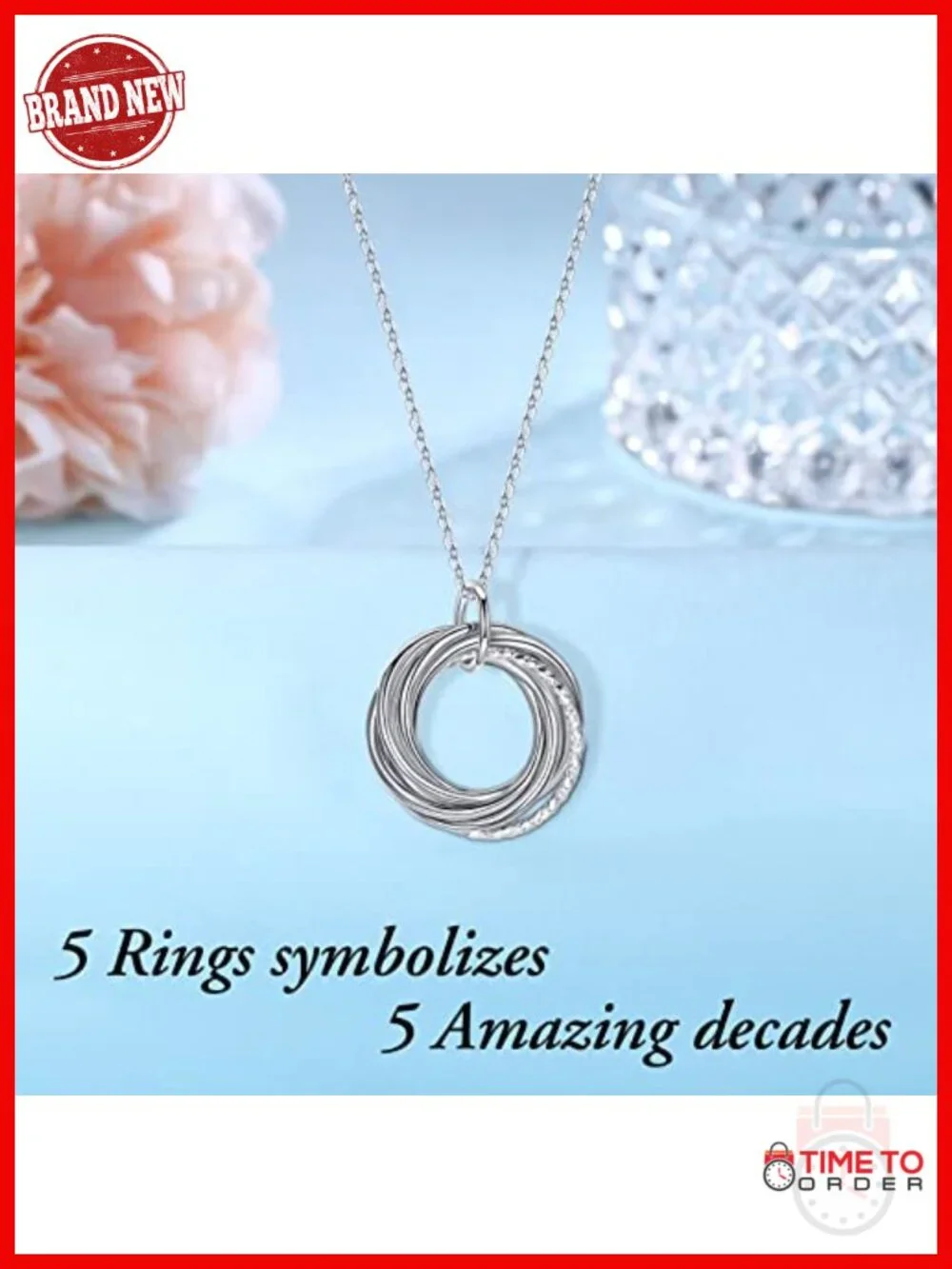 50th Birthday Pendant Necklace with 5 Rings Sterling Silver